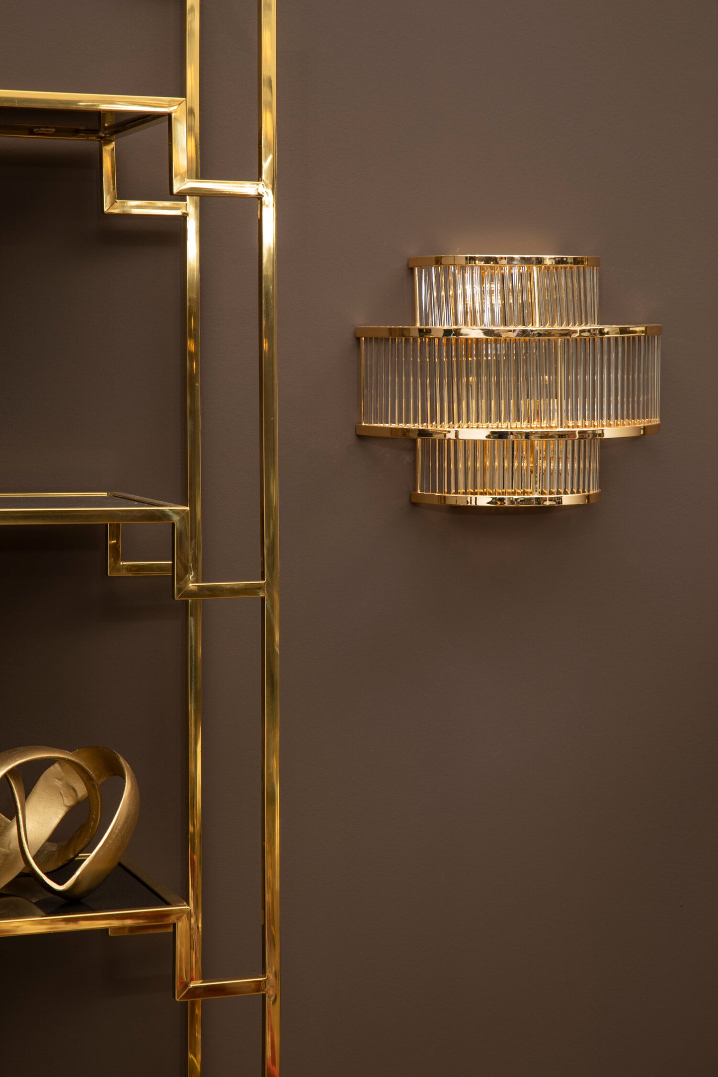Deco 3 tier glass wall light with warm metallic iron frame