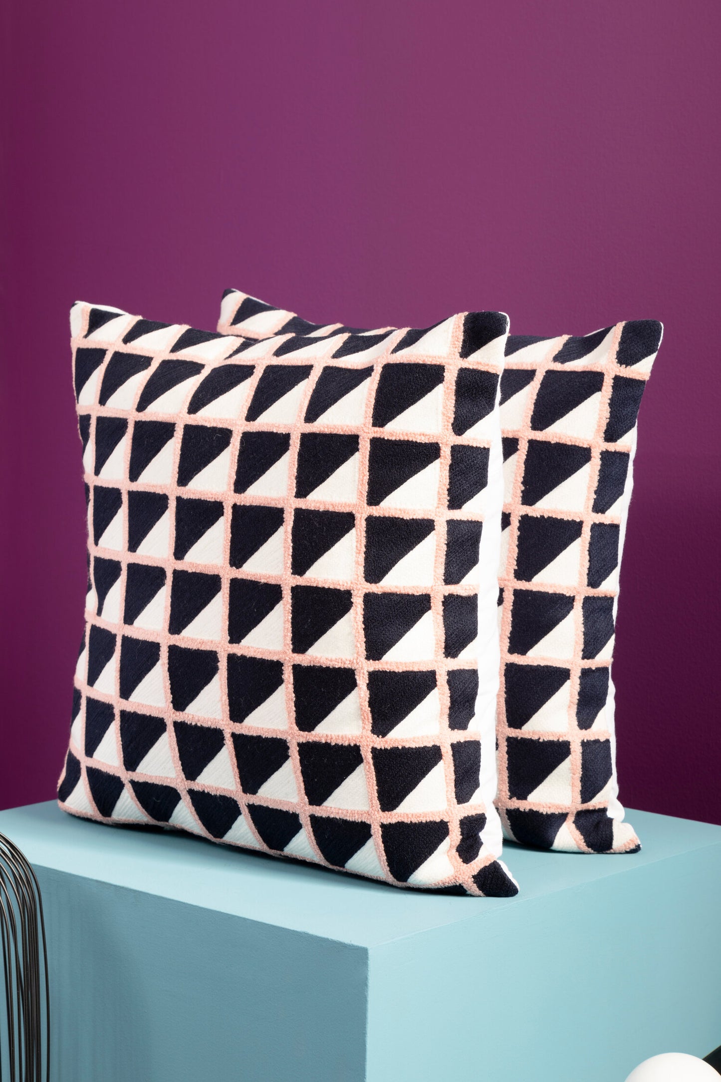 Nomad Ozella Pink and Black Grid Design Square Cushion