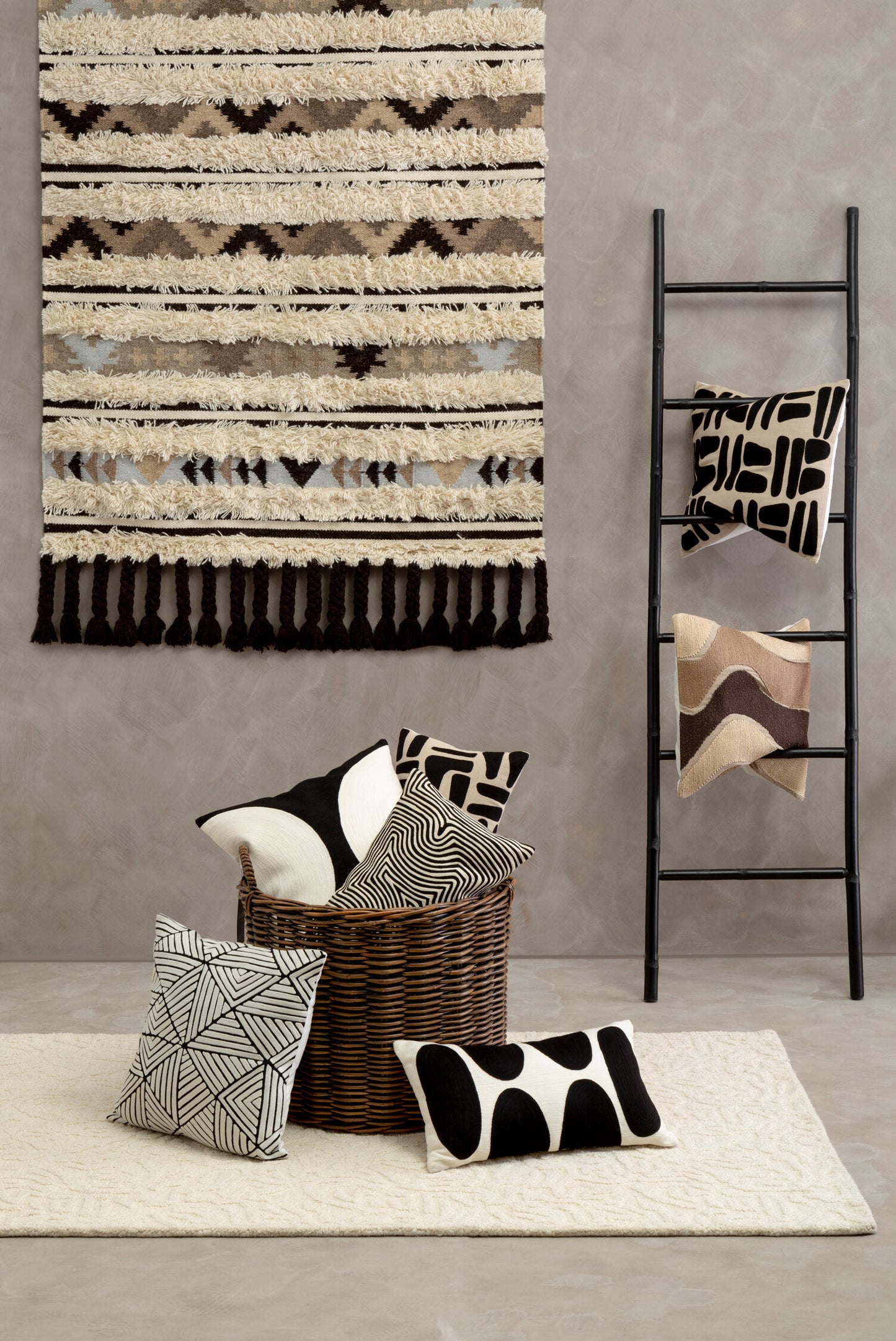 Nomad Ozella Black and White Embroidered Rectangular Cushion