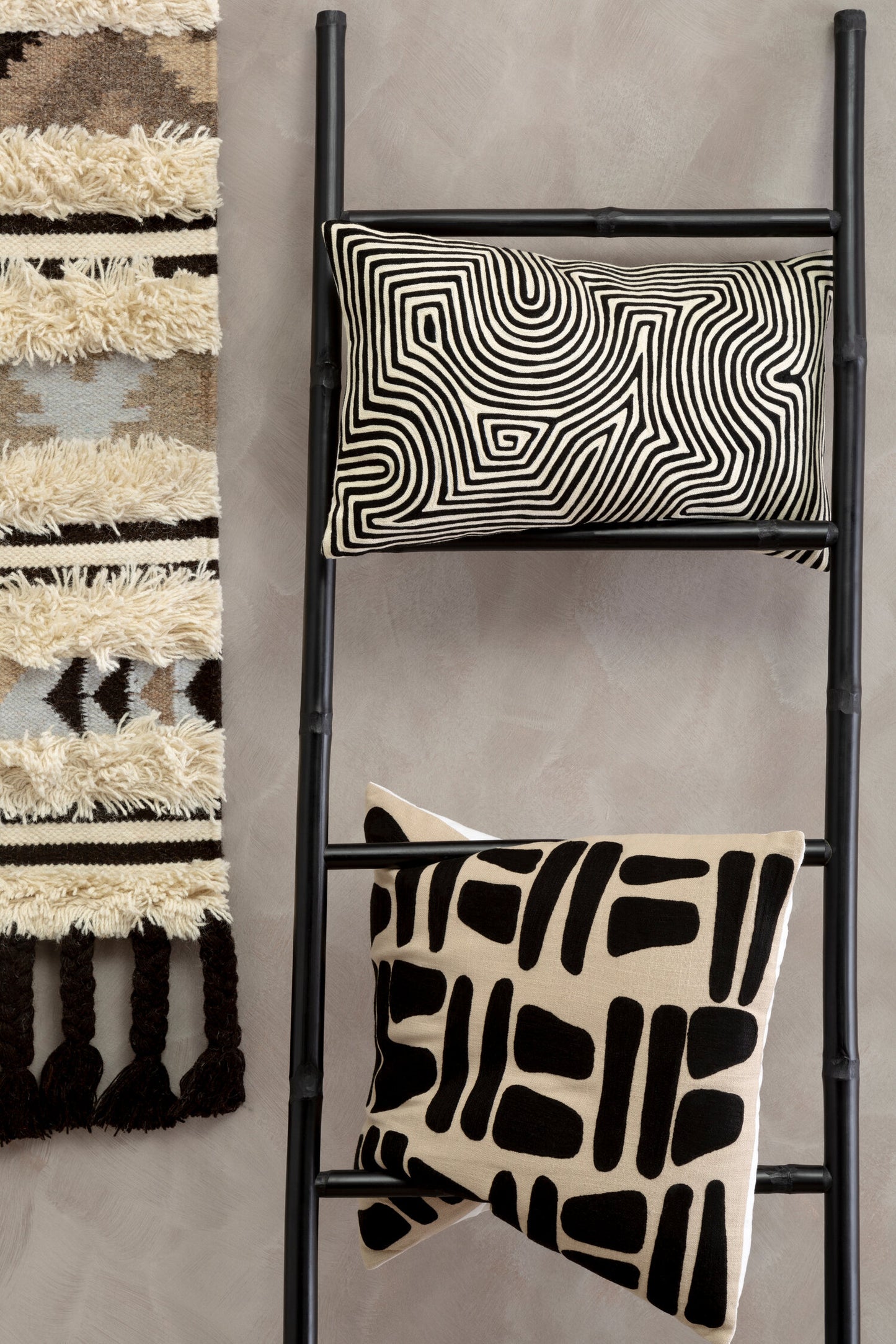Nomad Ozella Black and White Embroidered Rectangular Cushion
