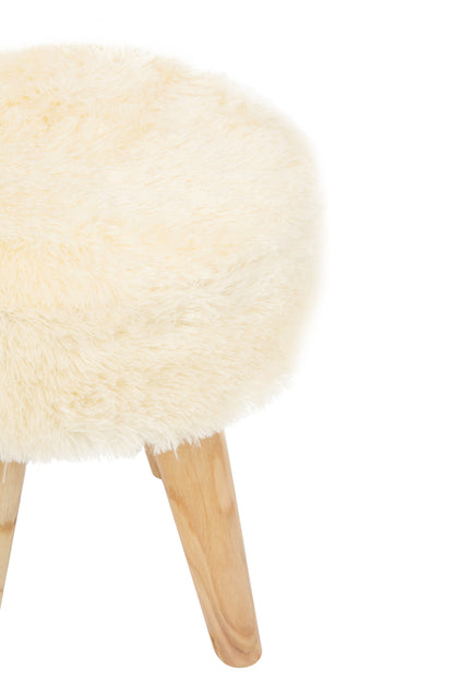 Nepal Cream Faux Fur and Teak Wood Low Stool