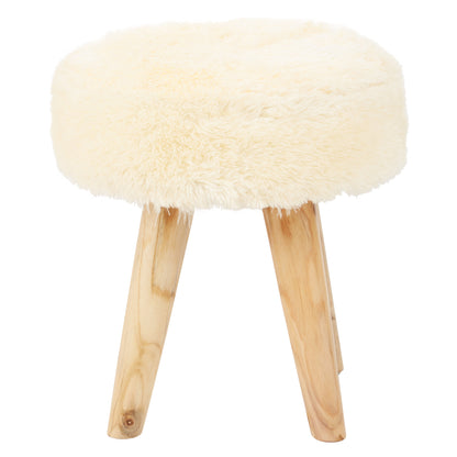 Nepal Cream Faux Fur and Teak Wood Low Stool