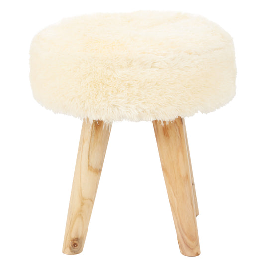 Nepal Cream Faux Fur and Teak Wood Low Stool