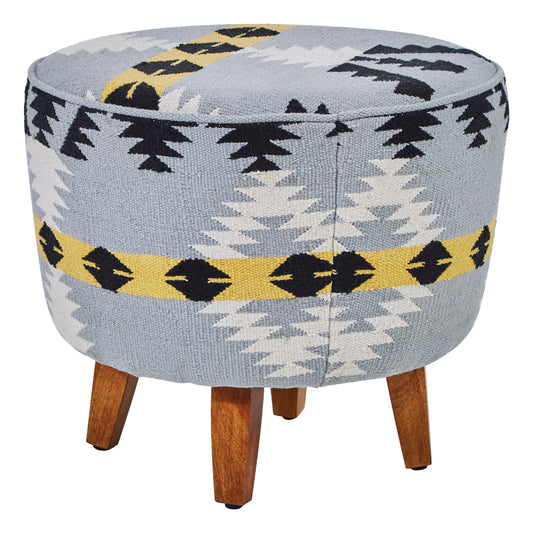 Azteca Kilim Mango Wood Round Footstool | Bali & Blue
