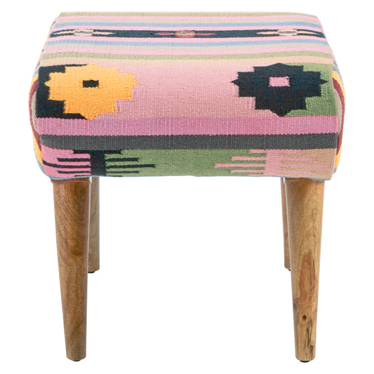 Azteca Multicolour Kilim Mango Wood Footstool | Bali & Blue