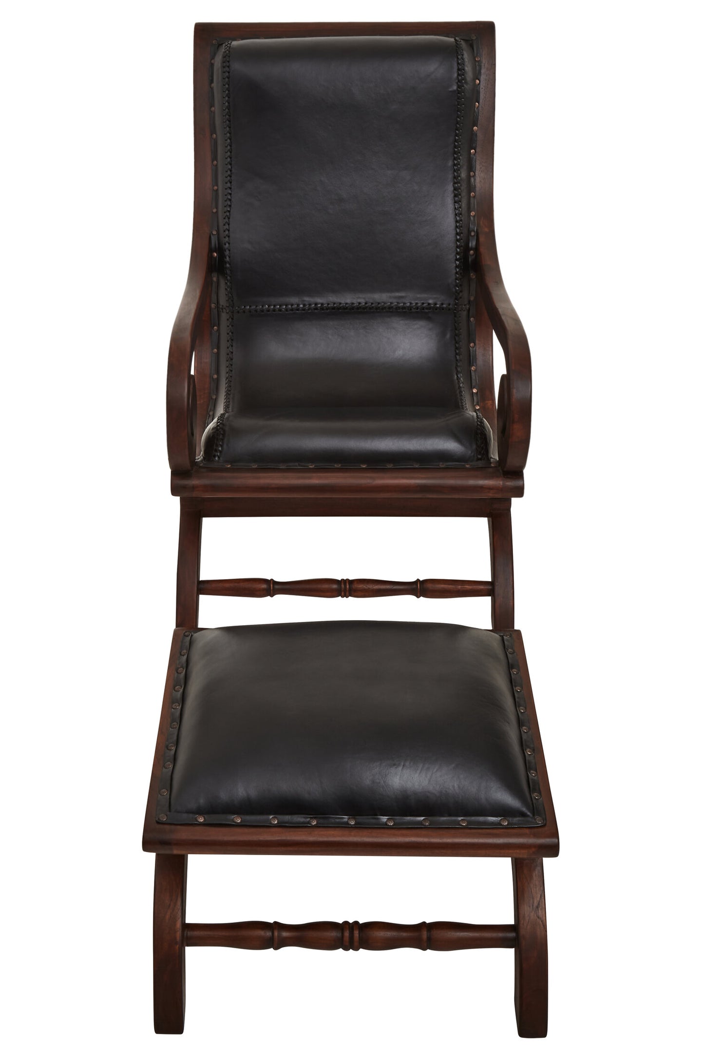 Lotus Genuine Black Leather and Teak Lounge Chair with Leg Rest