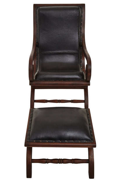 Lotus Genuine Black Leather and Teak Lounge Chair with Leg Rest