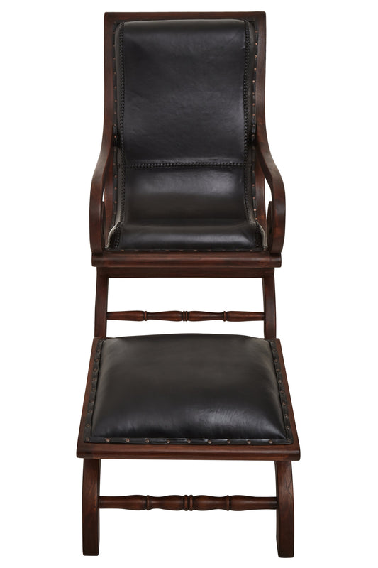 Lotus Genuine Black Leather and Teak Lounge Chair with Leg Rest