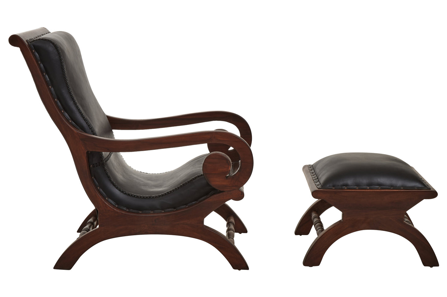 Lotus Genuine Black Leather and Teak Lounge Chair with Leg Rest