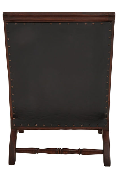Lotus Genuine Black Leather and Teak Lounge Chair with Leg Rest