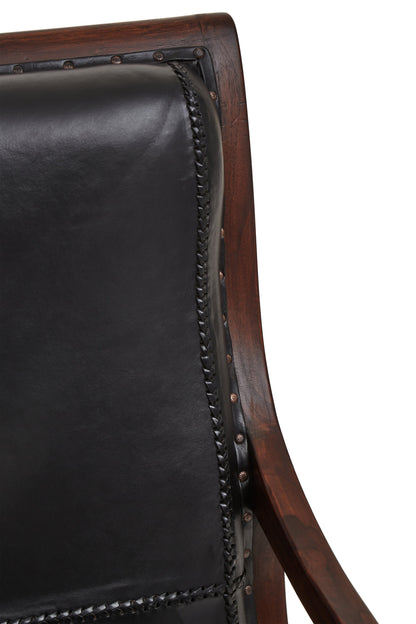 Lotus Genuine Black Leather and Teak Lounge Chair with Leg Rest