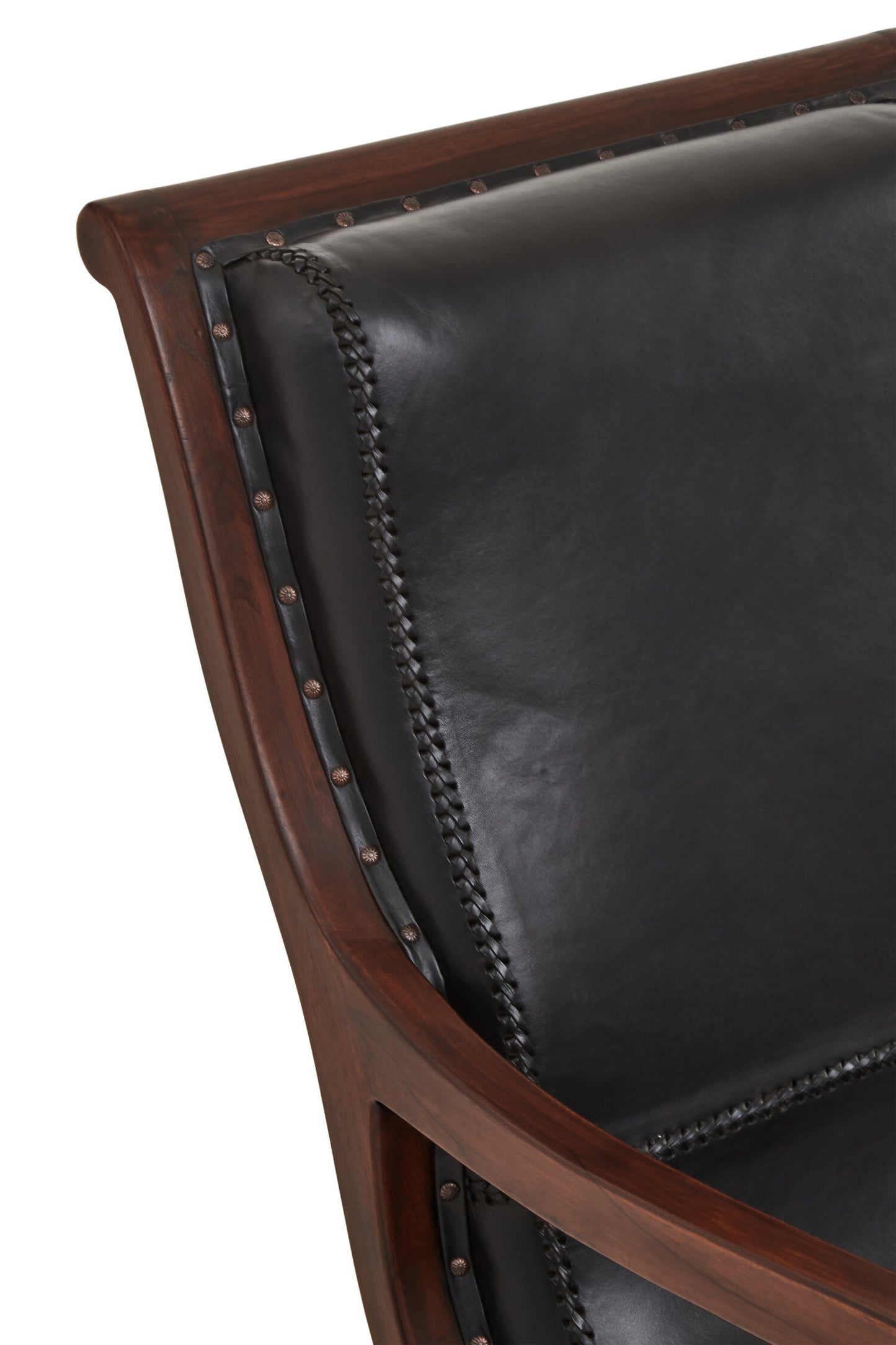 Lotus Genuine Black Leather and Teak Lounge Chair with Leg Rest
