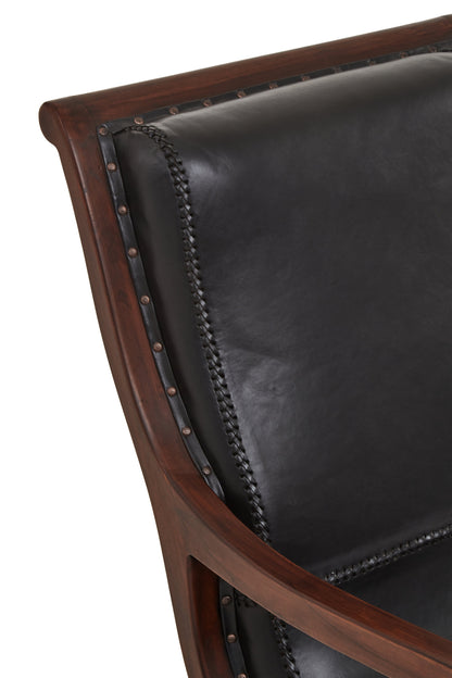 Lotus Genuine Black Leather and Teak Lounge Chair with Leg Rest