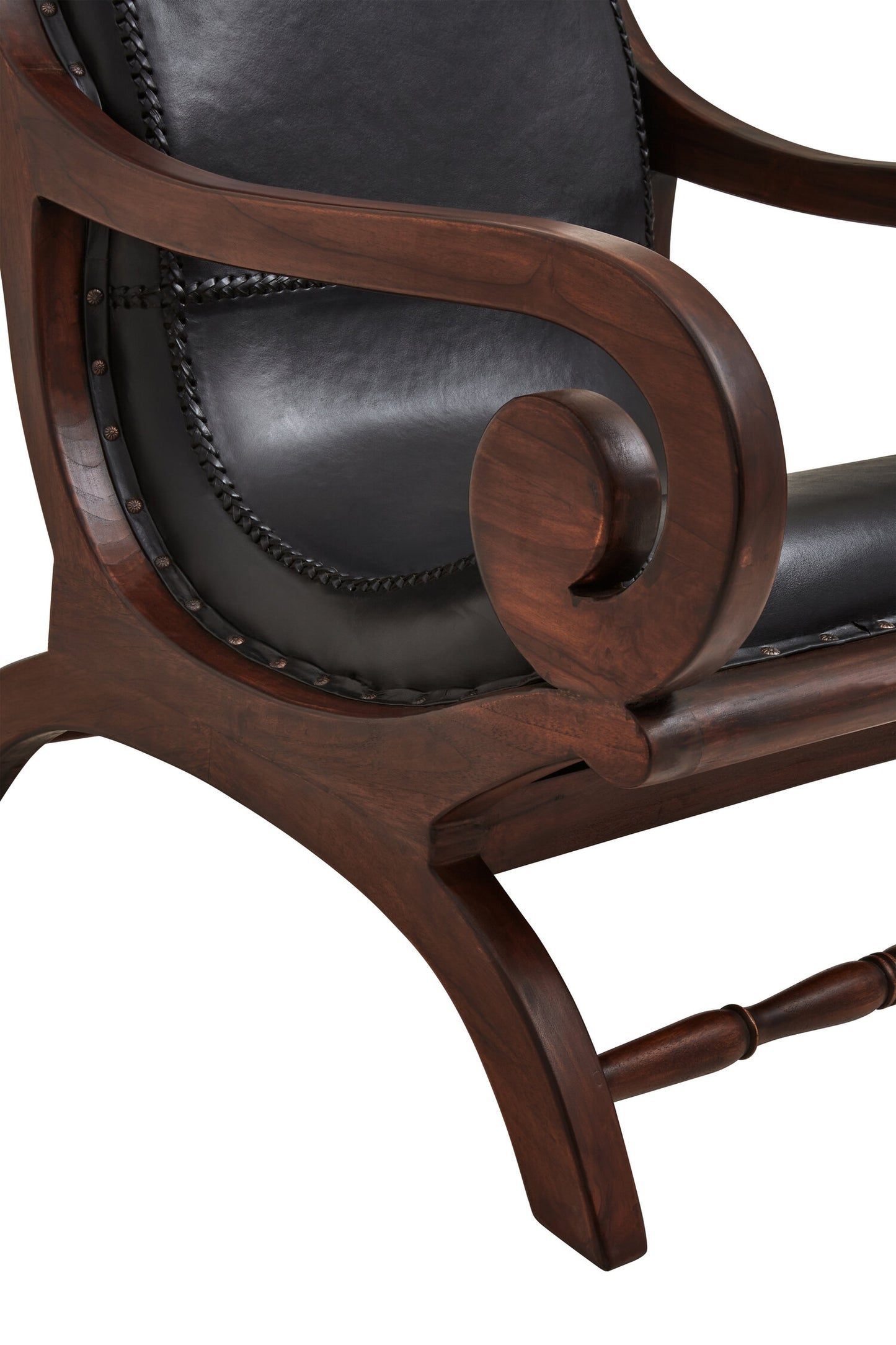 Lotus Genuine Black Leather and Teak Lounge Chair with Leg Rest