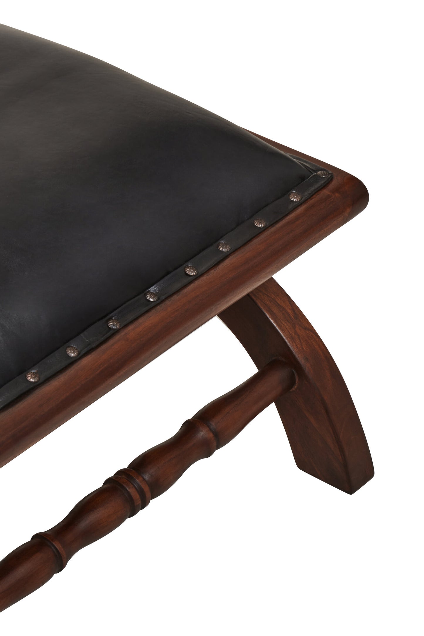Lotus Genuine Black Leather and Teak Lounge Chair with Leg Rest