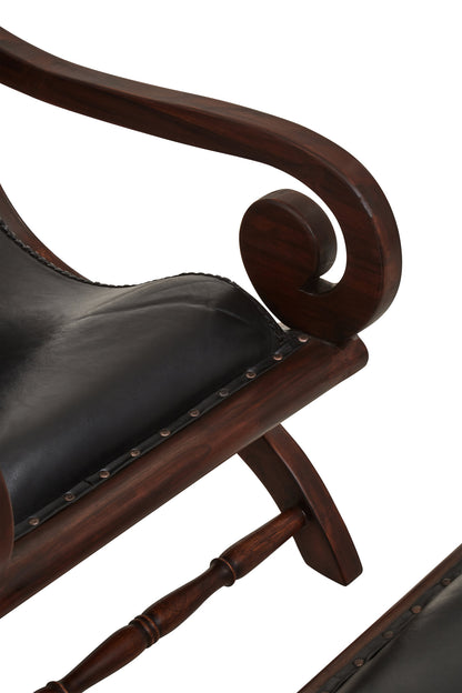 Lotus Genuine Black Leather and Teak Lounge Chair with Leg Rest