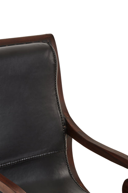 Lotus Genuine Black Leather and Teak Lounge Chair with Leg Rest
