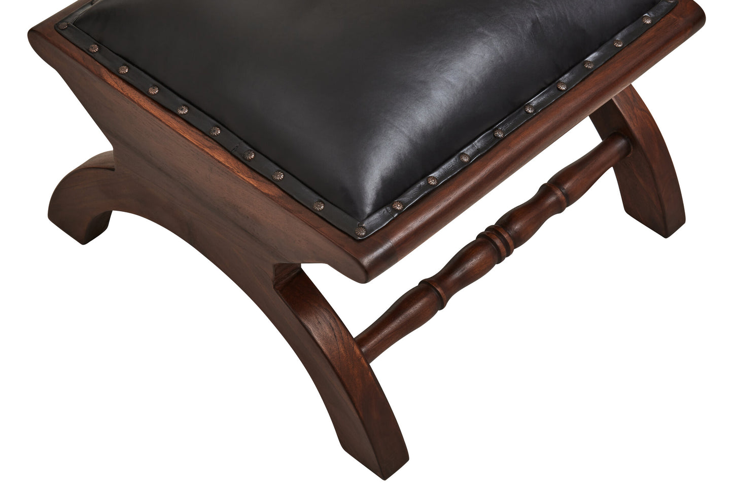 Lotus Genuine Black Leather and Teak Lounge Chair with Leg Rest
