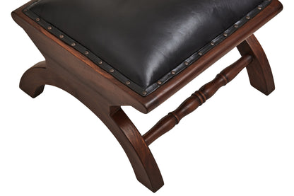 Lotus Genuine Black Leather and Teak Lounge Chair with Leg Rest