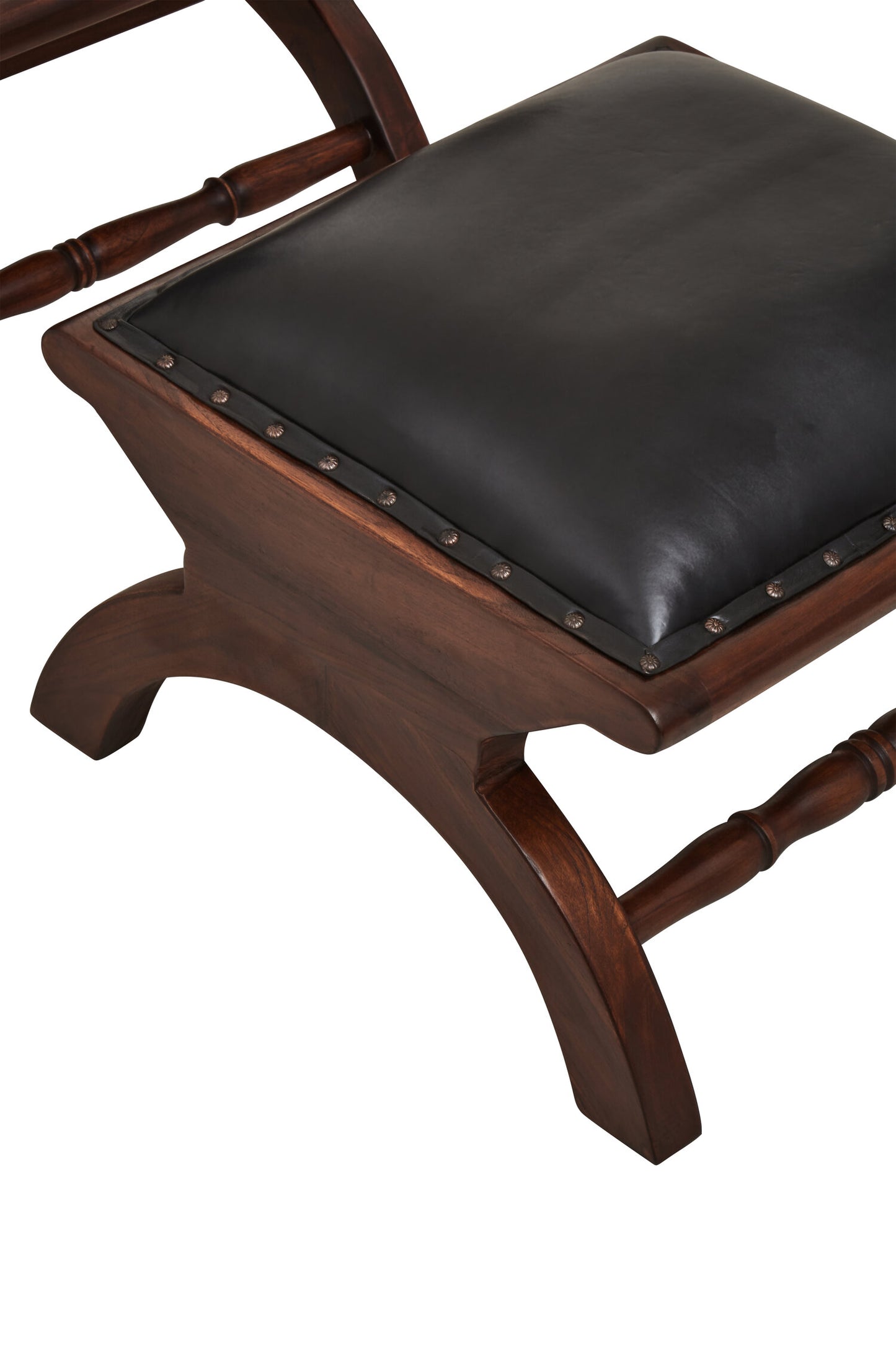 Lotus Genuine Black Leather and Teak Lounge Chair with Leg Rest