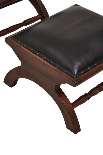 Lotus Genuine Black Leather and Teak Lounge Chair with Leg Rest