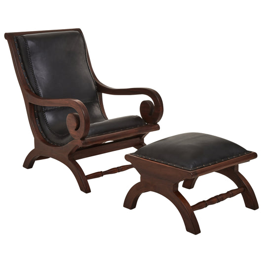 Lotus Genuine Black Leather and Teak Lounge Chair with Leg Rest