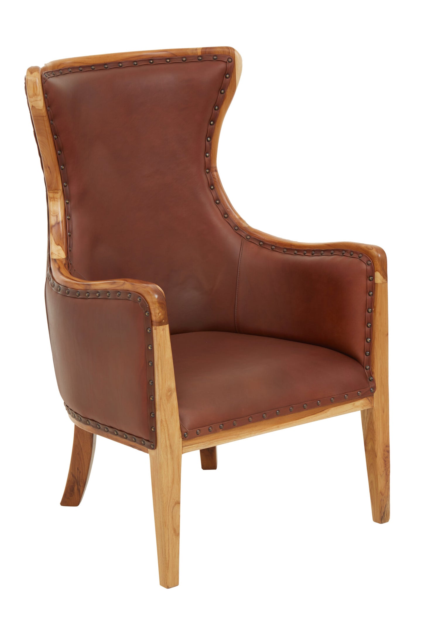 Nepal Brown Cow Leather and Teak Wood Frame Armchair