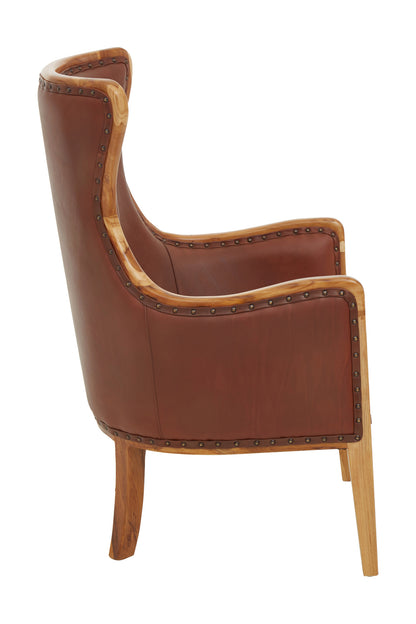 Nepal Brown Cow Leather and Teak Wood Frame Armchair