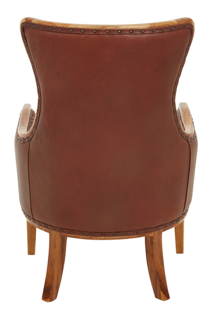 Nepal Brown Cow Leather and Teak Wood Frame Armchair