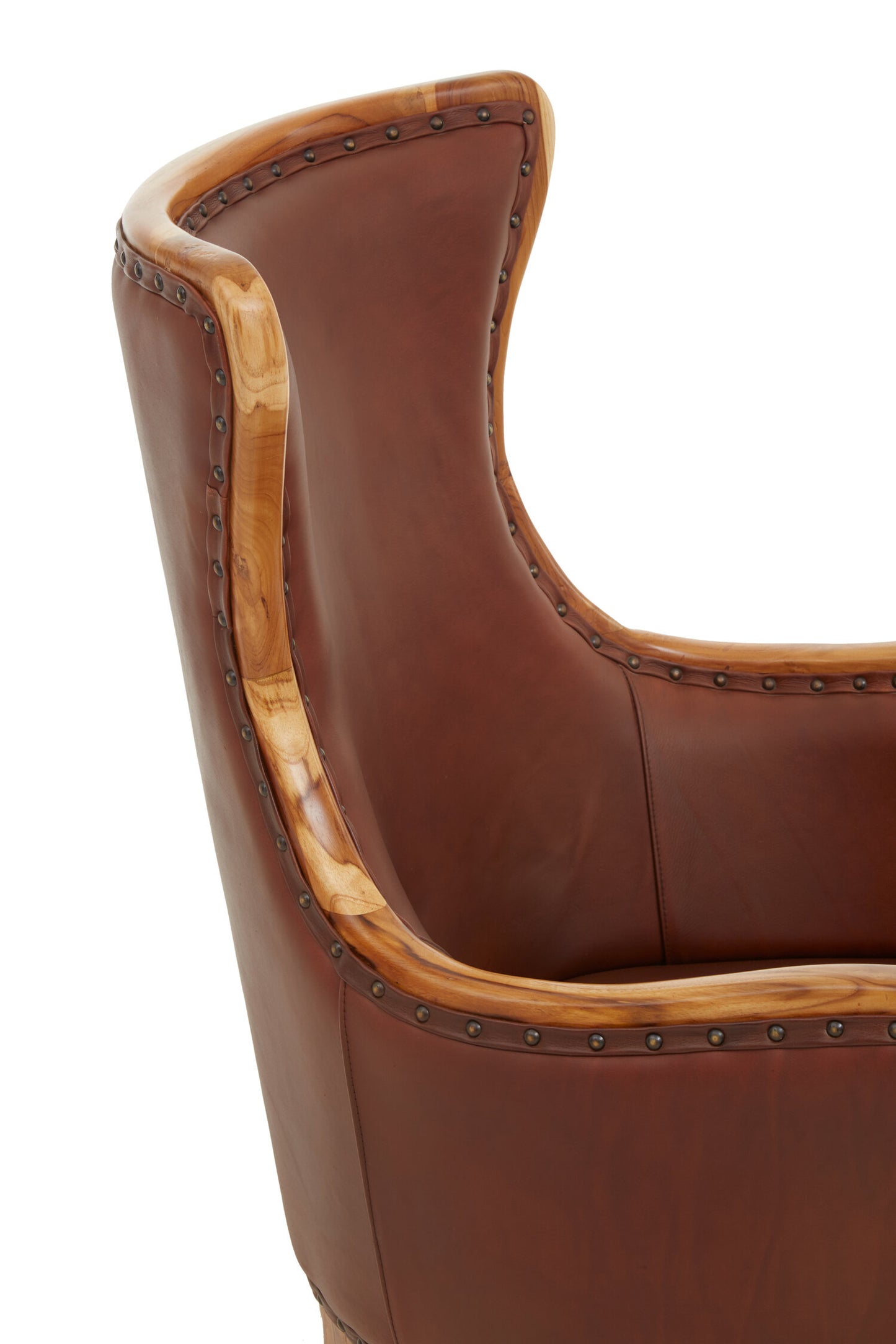 Nepal Brown Cow Leather and Teak Wood Frame Armchair