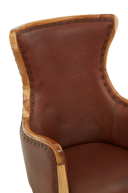 Nepal Brown Cow Leather and Teak Wood Frame Armchair