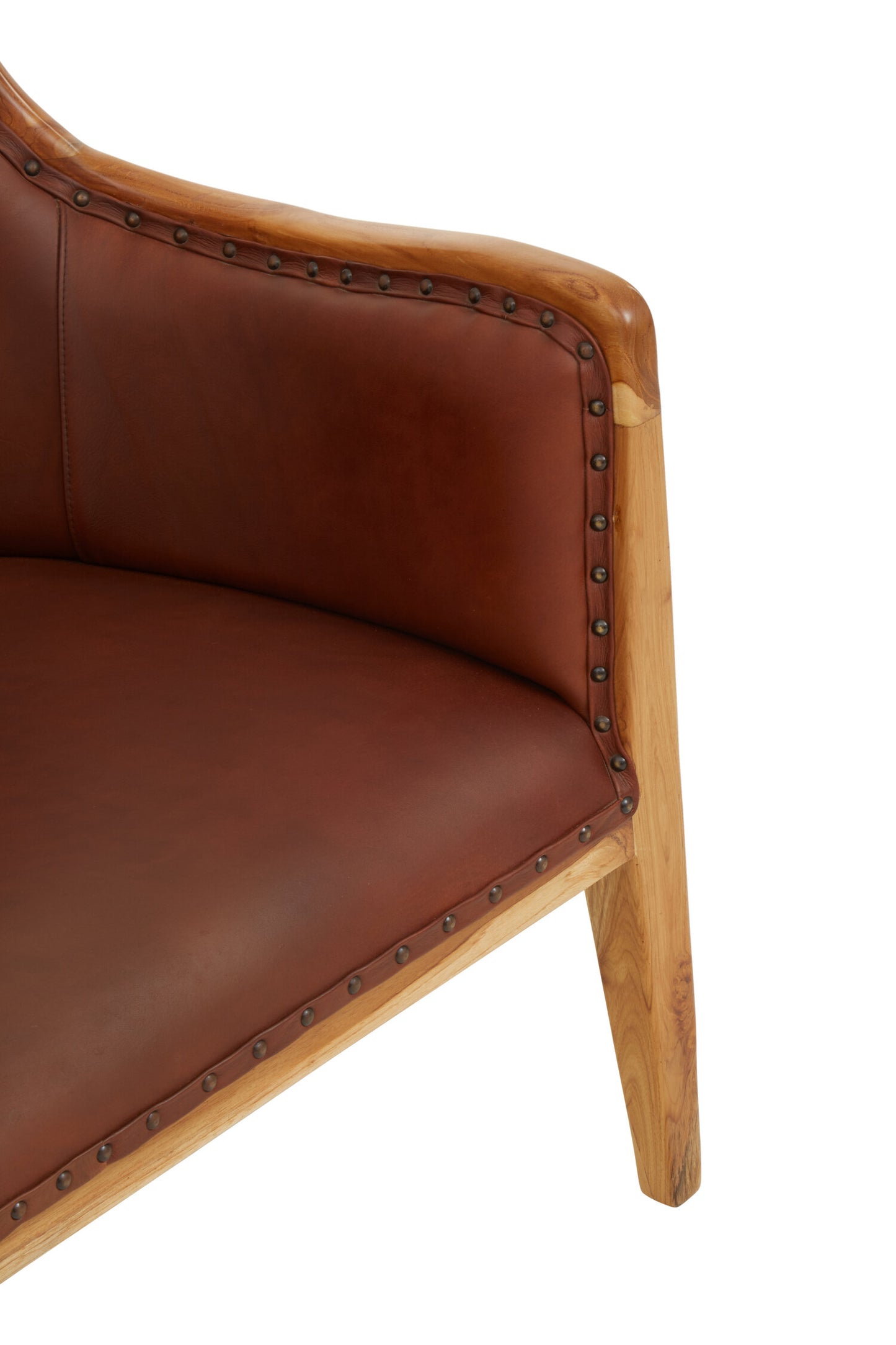 Nepal Brown Cow Leather and Teak Wood Frame Armchair