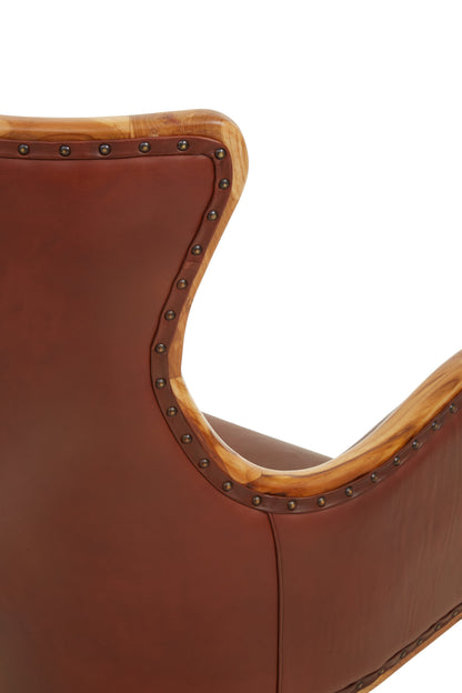 Nepal Brown Cow Leather and Teak Wood Frame Armchair