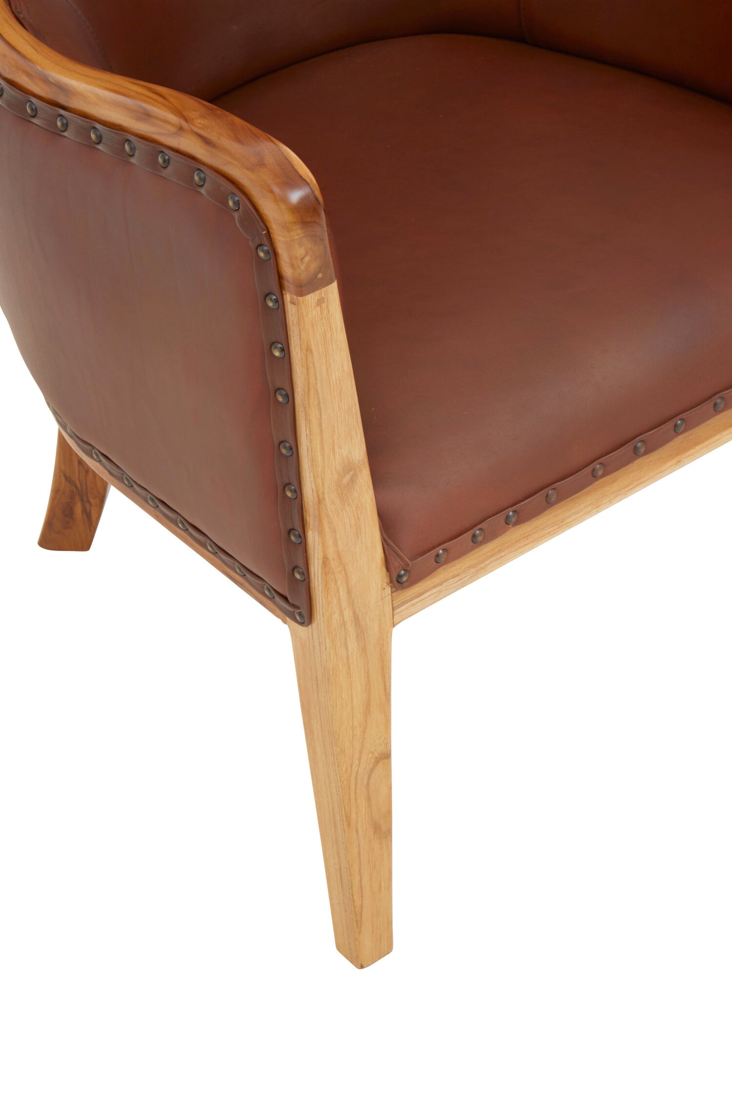 Nepal Brown Cow Leather and Teak Wood Frame Armchair