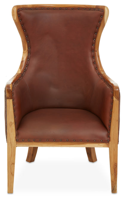 Nepal Brown Cow Leather and Teak Wood Frame Armchair