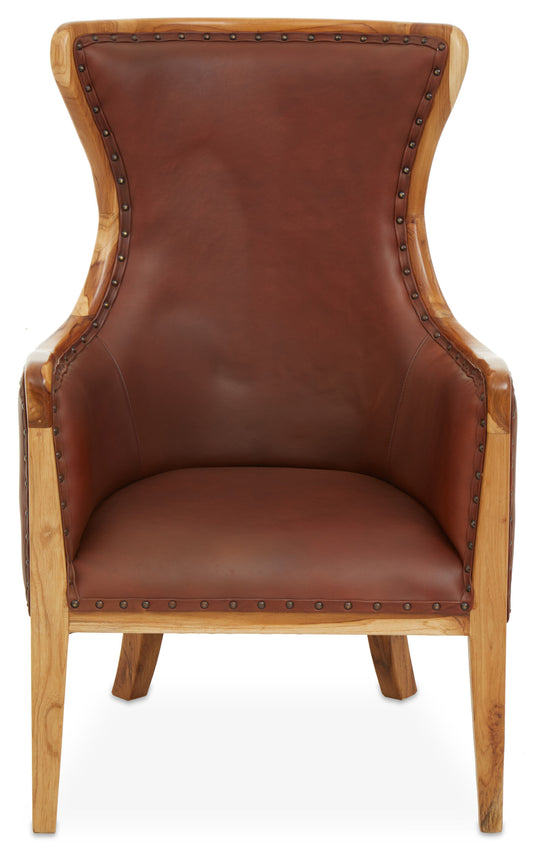 Nepal Brown Cow Leather and Teak Wood Frame Armchair