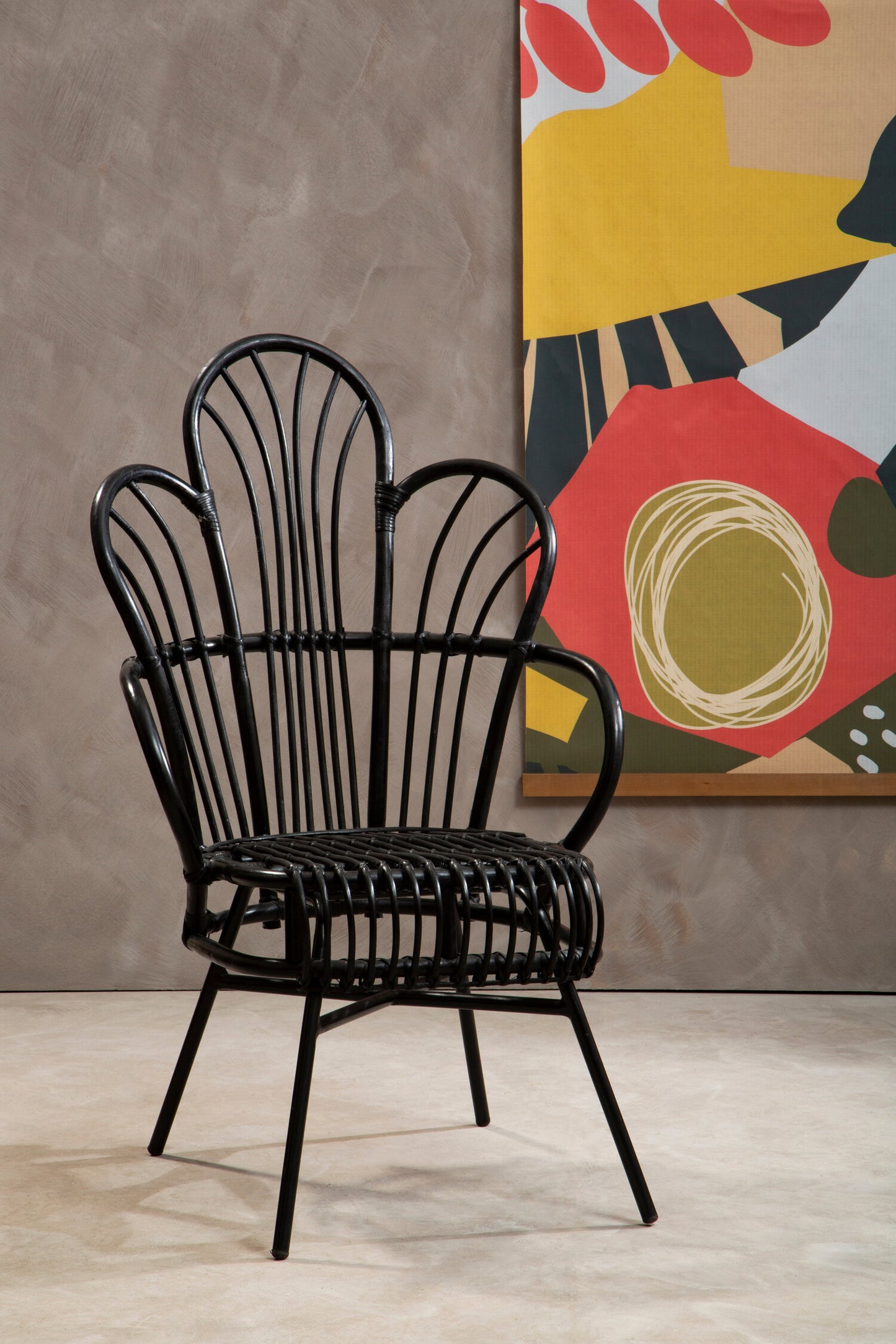 Tropic Black Natural Rattan And Black Metal Scalloped Back Chair