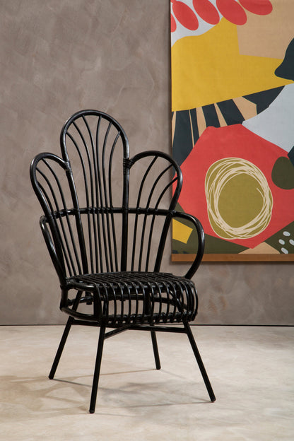 Tropic Black Natural Rattan And Black Metal Scalloped Back Chair