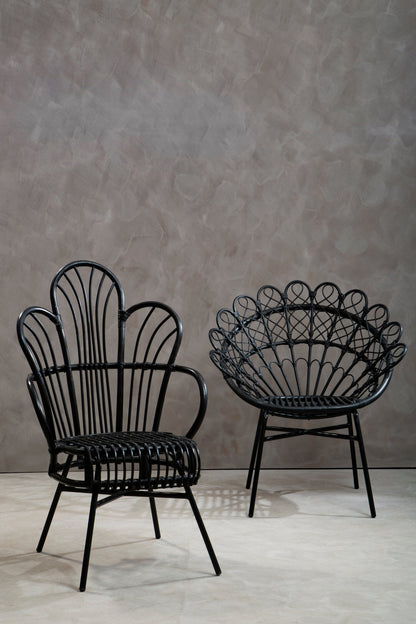 Tropic Black Natural Rattan And Black Metal Scalloped Back Chair
