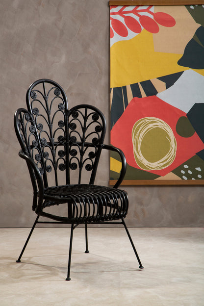 Tropic Black Natural Rattan Boho Scalloped Back Chair