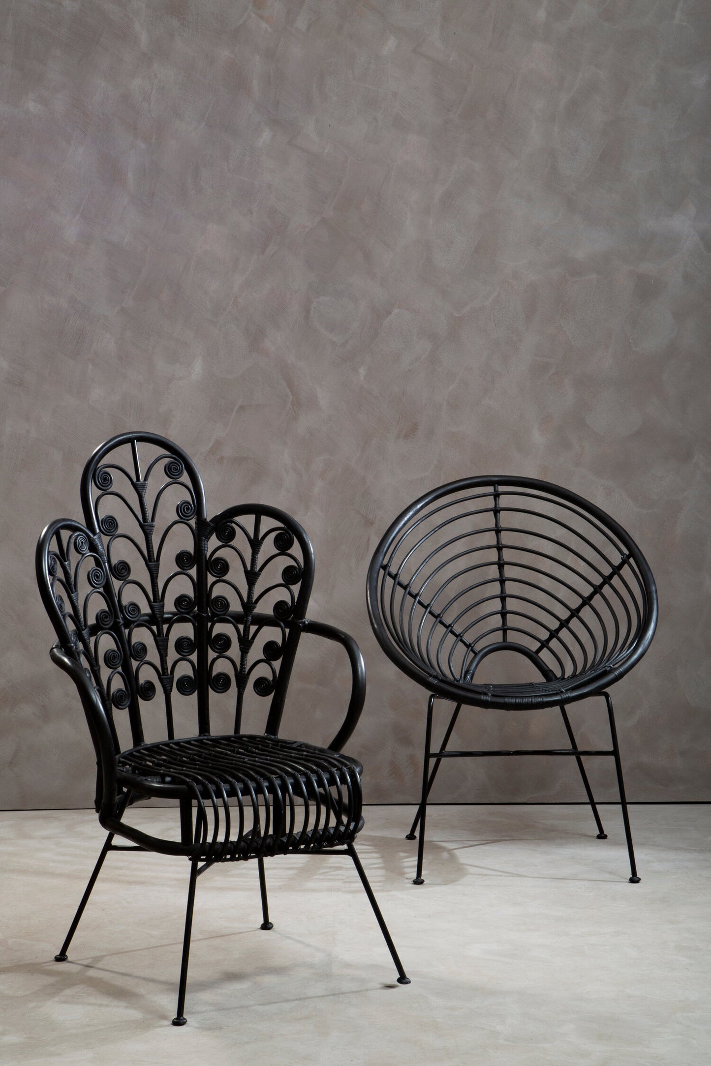 Tropic Black Natural Rattan Boho Scalloped Back Chair