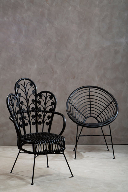 Tropic Black Natural Rattan Boho Scalloped Back Chair