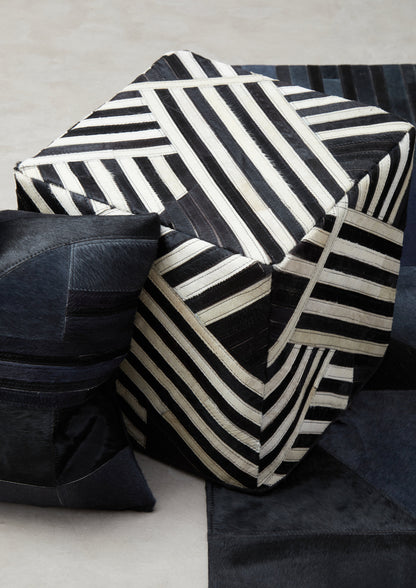 Africana Black White Striped Leather Pouffe