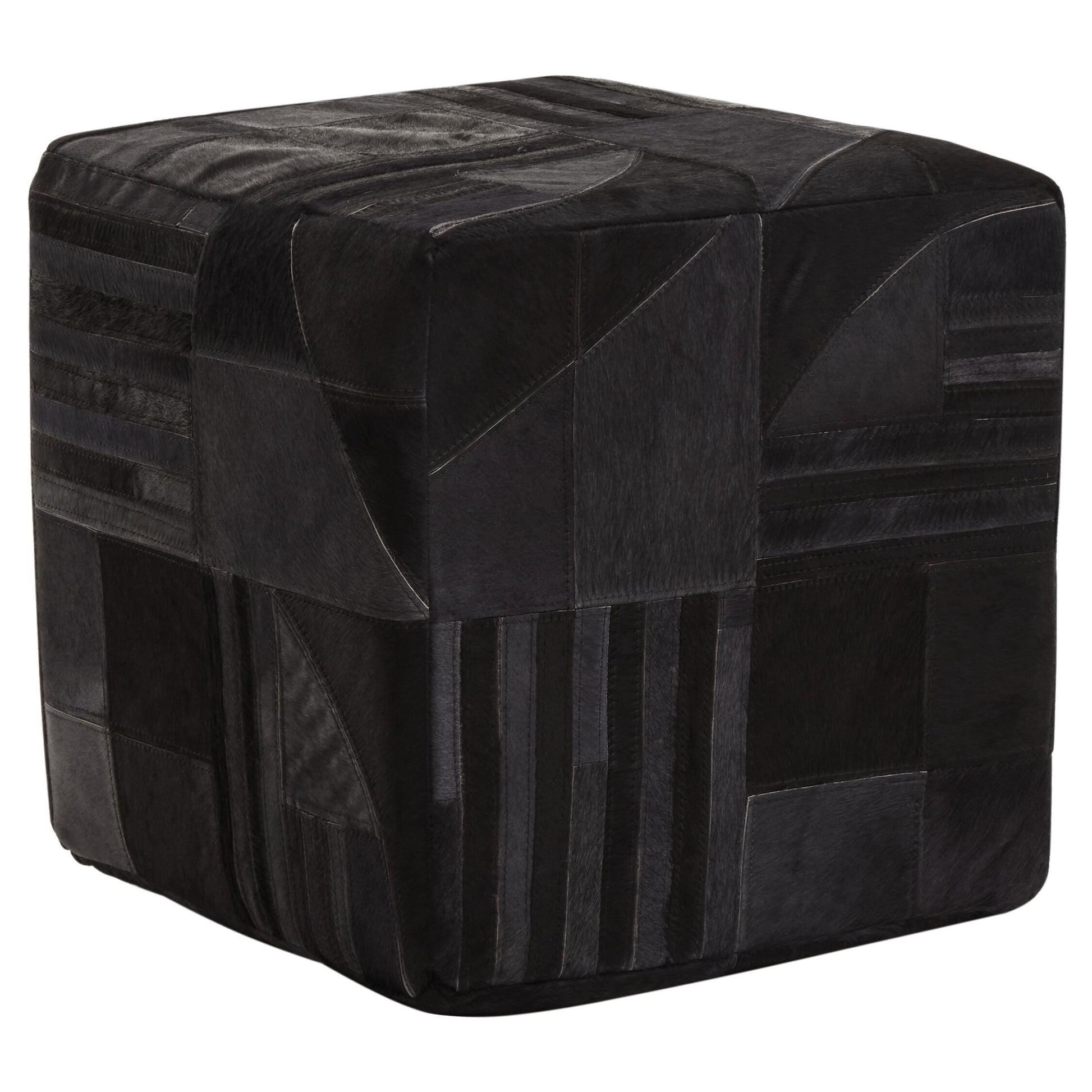 Africana Black Grey Deco Hair-on-Leather Pouffe | Bali & Blue