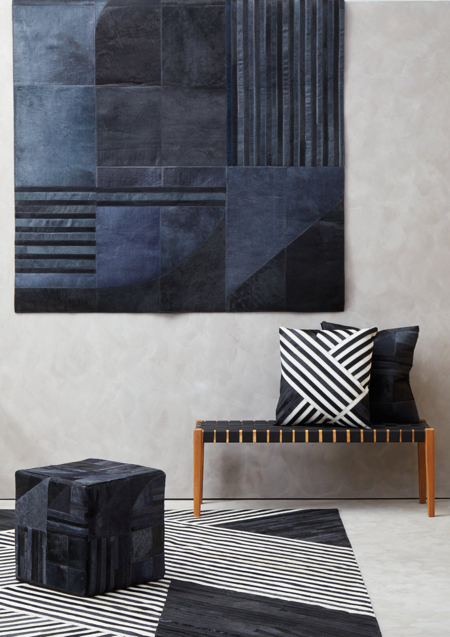 Africana Black Grey Deco Hair-on-Leather Pouffe