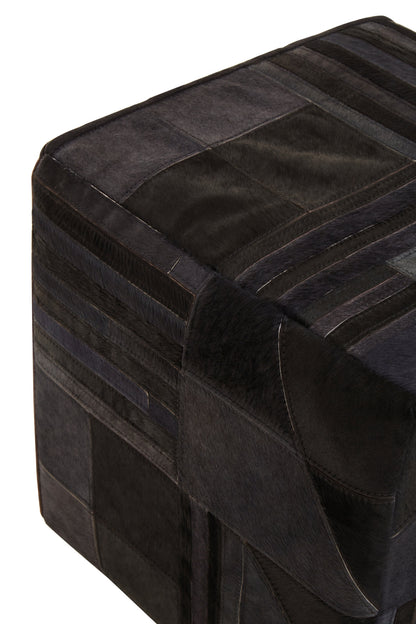 Africana Black Grey Deco Hair-on-Leather Pouffe
