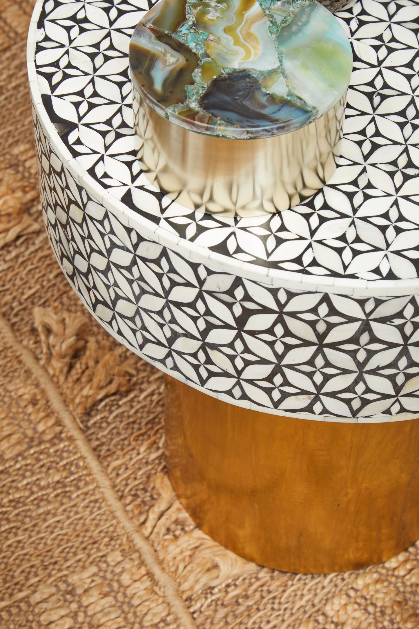 Lana Bone Inlay Round Side Table with Gold Base