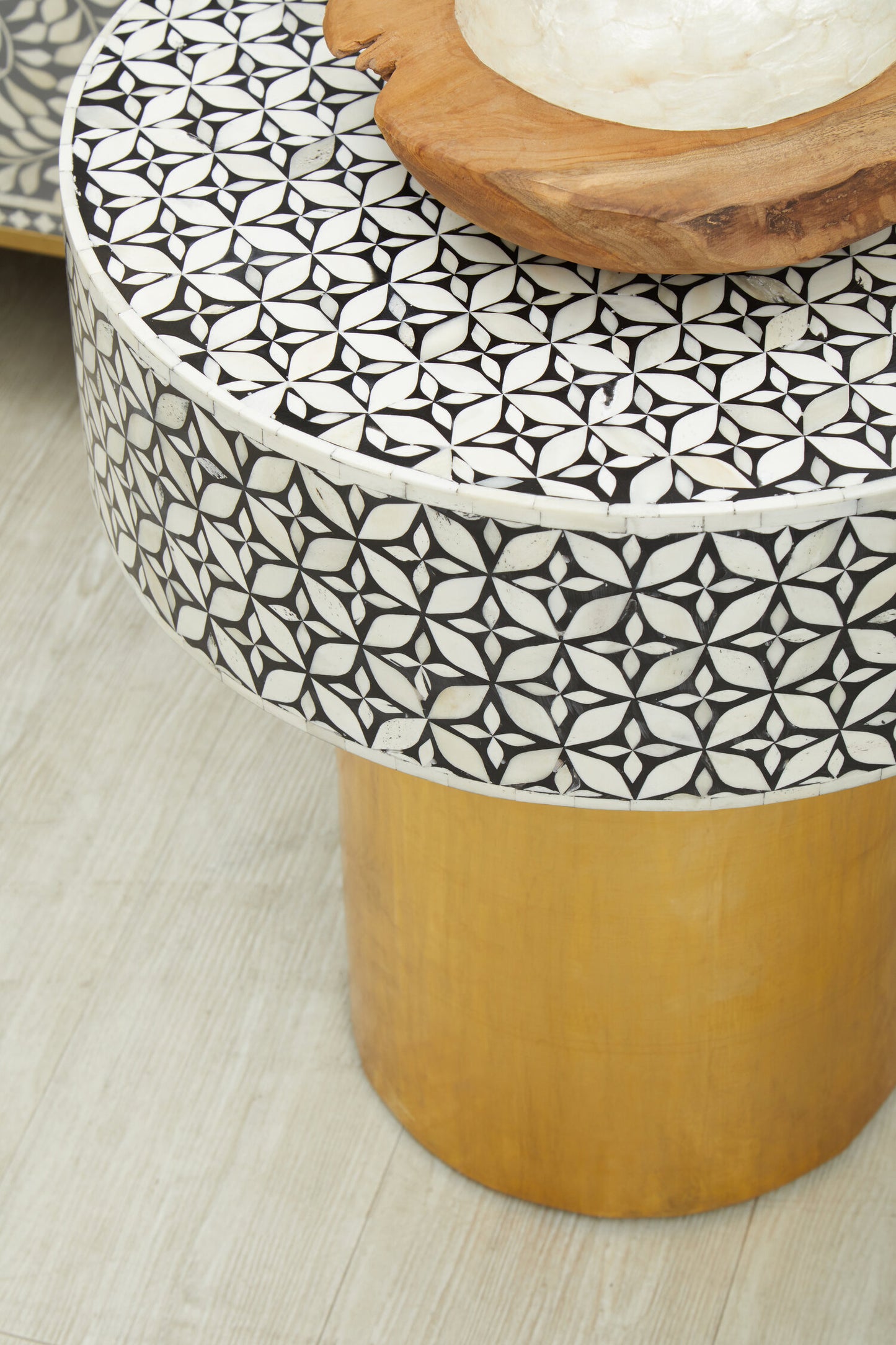 Lana Bone Inlay Round Side Table with Gold Base