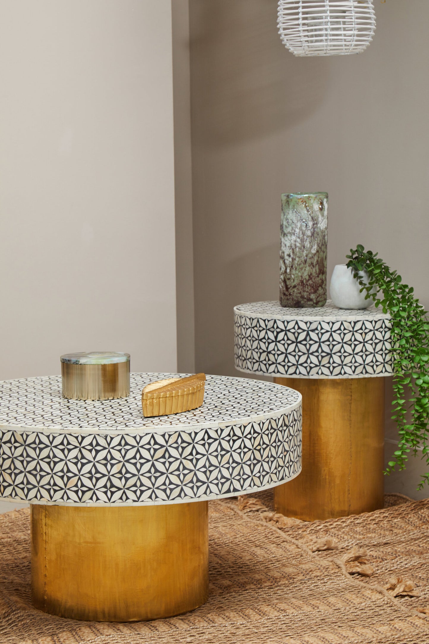 Lana Bone Inlay Round Side Table with Gold Base