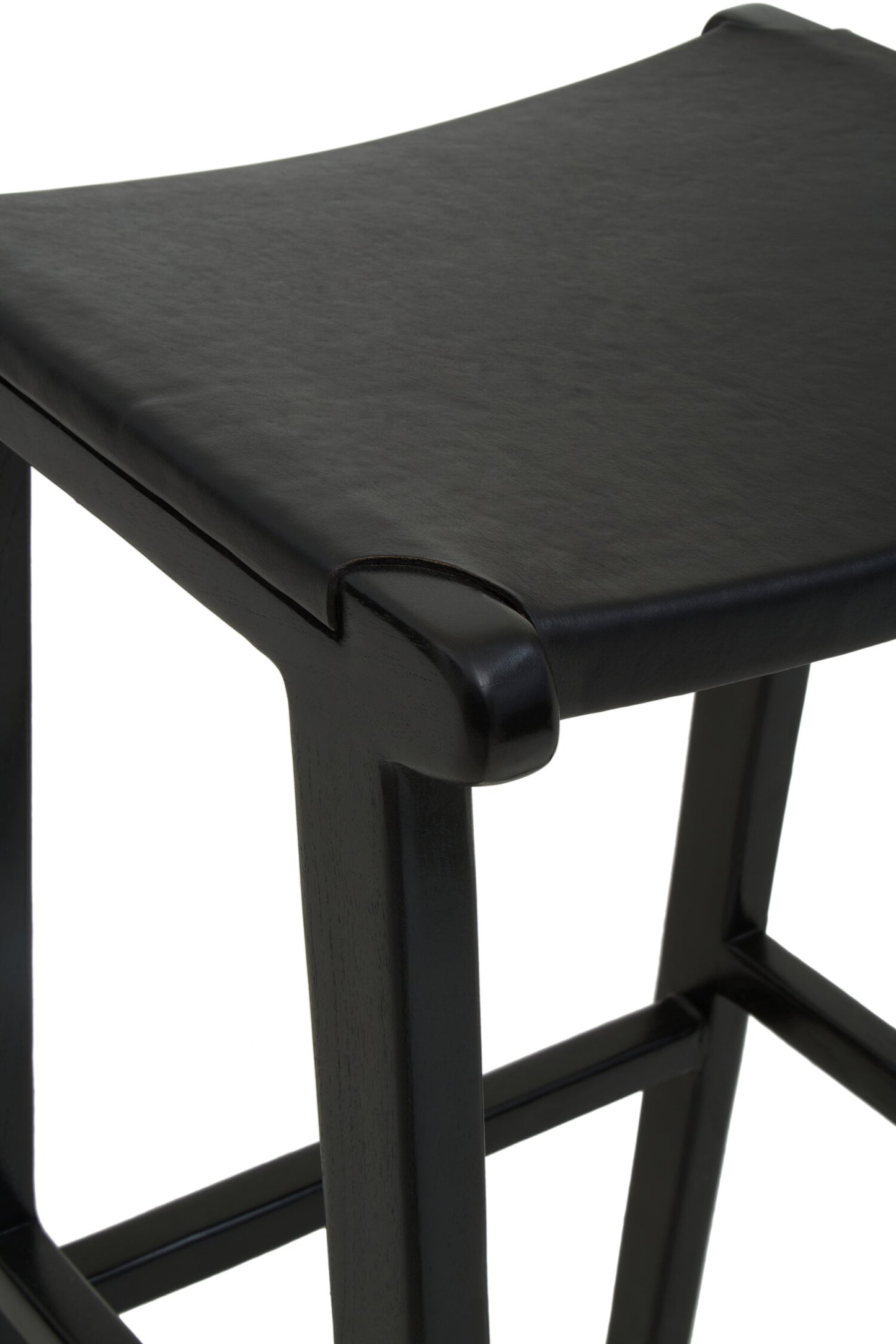 Nepal Black Leather and Teak Barstool